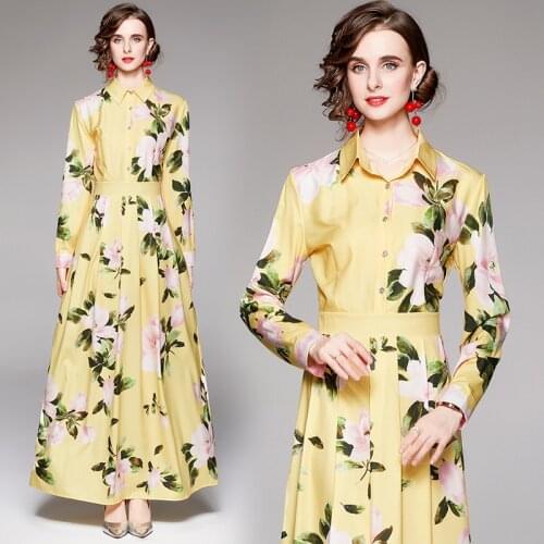 Womens Vacation Designer Long Sleeve Flower Print Pleated Yellow Party Long Maxi Vestidos Autumn Boho Holiday Floral Dress 525