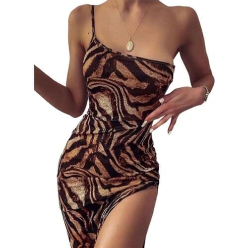 Women Sexy One Shoulder Spaghetti Strap Bodycon Long Dress Tiger Striped Print Side Split High Waist Party Clubwear