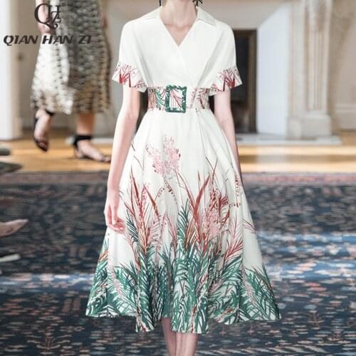 Qian Han Zi designer fashion runway dress Womens V-neck vintage pattern printing Puffy Slim belt party dress