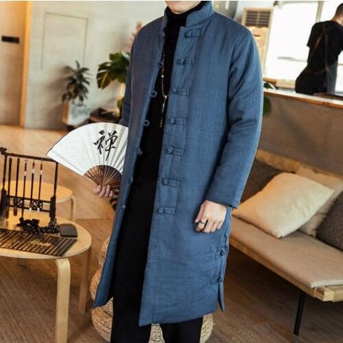 Winter Chinese style large size vintage retro button long thickened cotton linen warm stand collar Tang suit mens loose padded
