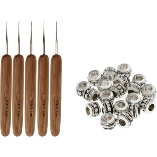 5Pcs Bamboo Crochet Latch Hook 0.5mm + 20pcs Hair Beads Dreadlocks Tube Cuff Braiding Jewelry Decoration Accessories