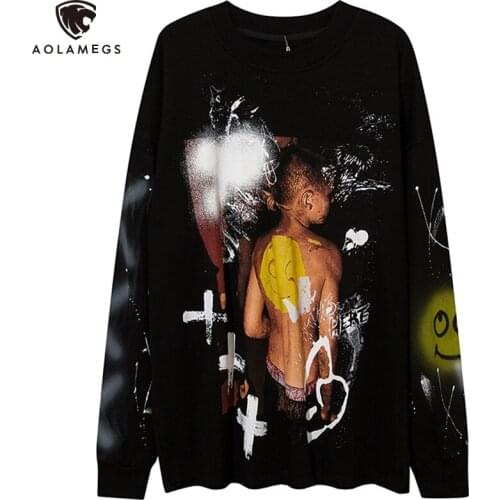 Aolamegs Sweatshirt Men Funny Boy Melted Letter Inkjet O-Neck Pullover Autumn Harajuku High Street Cozy Loose Fashion Streetwear