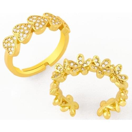 FLOLA CZ Pave Heart Open Cuff Rings For Women Crystal White Stone Flower Rings Stackable Adjustable Zirconia Jewelry Gift rigj88