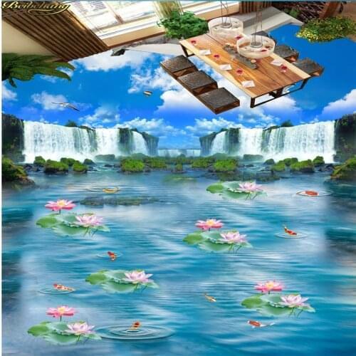 Beibehang Custom photo wallpaper wallpaper floor painted blue sky waterfall lotus carp bathroom kitchen walkway 3D floor
