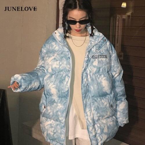JuneLove 2021 Winter New Harajuku Cotton-padded Jacket Padded Coat Tie-dye Pink Blue Parkas Warm BF Style Winter Fashion Outwear