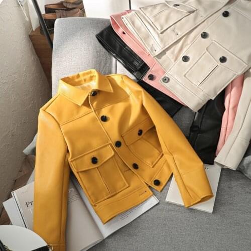 Ailegogo Women Single Breasted Short Black Faux Leather Jacket Female Bike Coat Motorcycle Soft Pink PU Leather Jackets Outwear