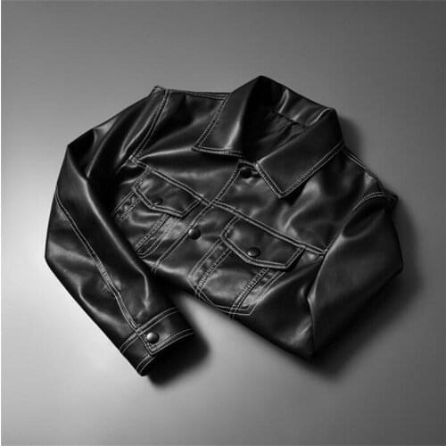 Motorcycle PU leather jacket mens black multi-pocket tooling youth lapel imitation sheep male кожаная куртка мужская large size