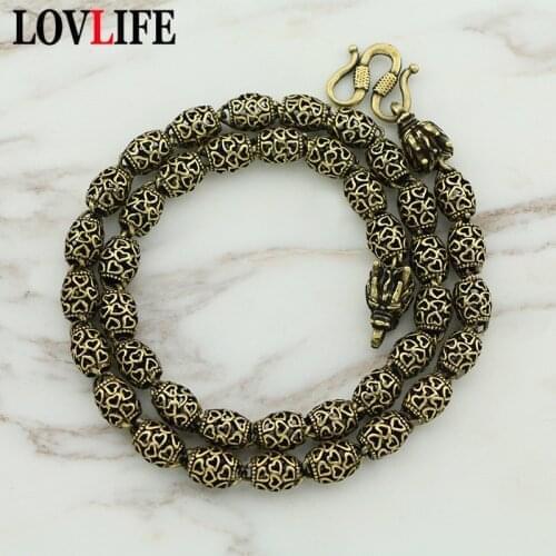 New Retro Brass Hollow Heart Pattern Dragon Head Chain Necklace for Men Punk Vintage Copper Cylinder Beads Necklaces Hip Hop
