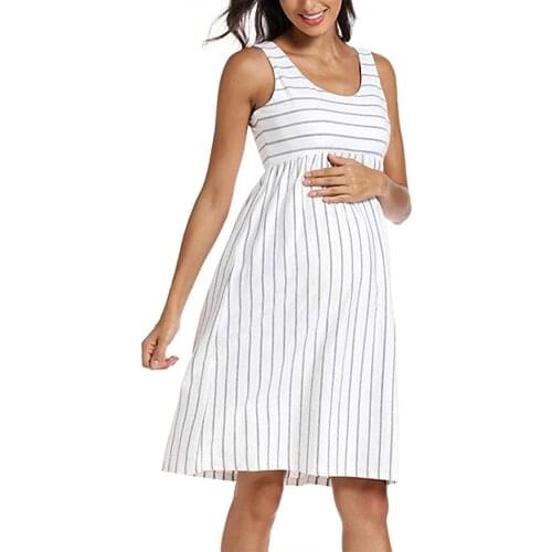Moms Summer Maternity Stripe Dress High Waist Round Neck Sleeveless Clothing Stretch for Pregnant Women Maternidad Dress D30