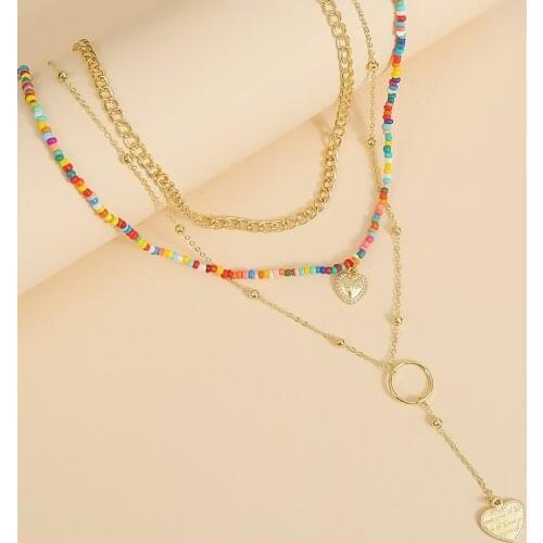 3 Pcs/Set Simple Trendy Handmade Beaded Gold Long Chain Layered Necklace Women Boho Fashion Hollow Round Heart Pendant Necklace