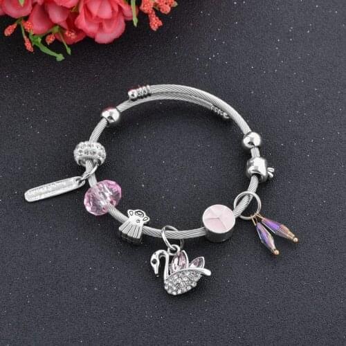Szelam Love Cute Swan Charms Pink Crystal Rhinestone Beads Open Bangles Adjustable Silver Charm Bracelets For Women SBR180110
