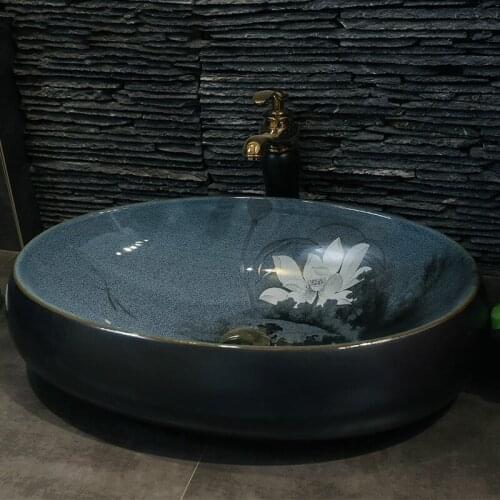 Bathroom Cloakroom Chinese Handmade Europe Vintage Ceramic sink Lavabo bowl oval lotus ceramic wash basin Bathroom Sink