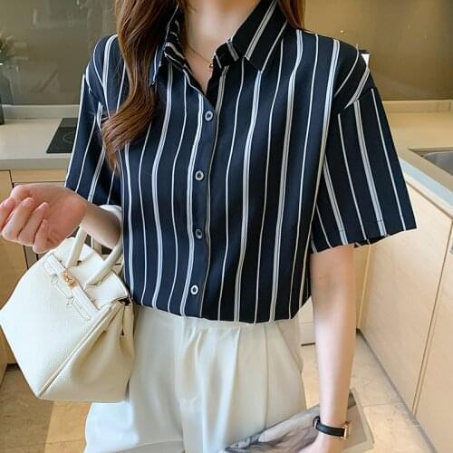 Womens Blouse Top Short Sleeve Striped Loose Shirt Polo British Style Summer Fashion Women Tops