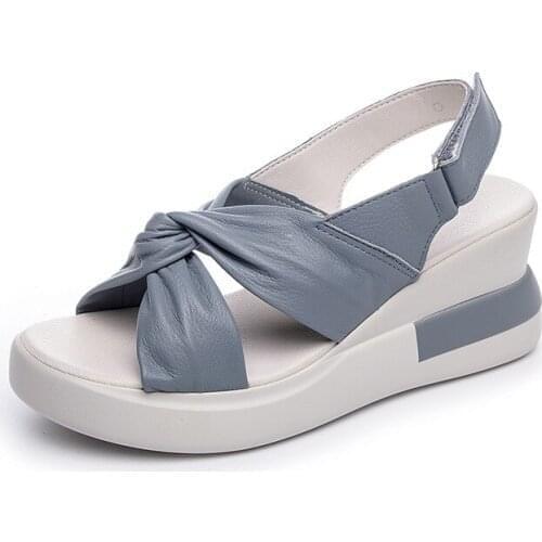 New Women Genuine Leather Wedge Sandals Fairy Bow Cross Strap Slippers Heighten Female Shose Ladies High Heel Open Toe hy101