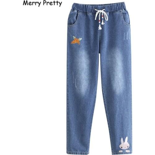 Womens Denim Pants Cartoon Rabbit Embroidery Pockets Jeans For Girl 2020 Spring New High Waist Calf Length Pant MERRY PRETTY