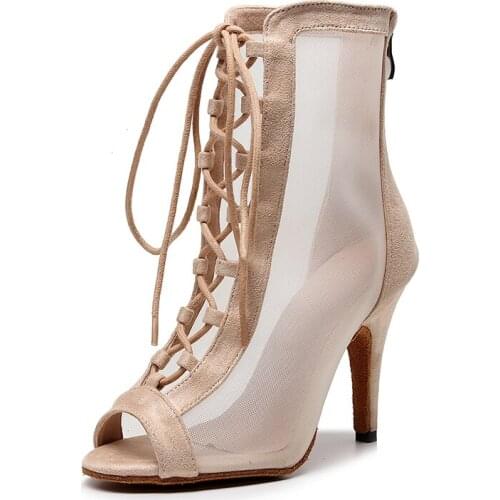 Women Flannel Ballroom Dance Boots Girls Soft Bottom Salsa Bachata Latin Dance Shoes Biege Woemen Lace Up Latino Dance Sandals