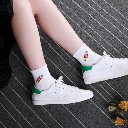 Women Kawaii Milk Banana Dinosaur Pencil Rocket Cartoon Socks Novelty Illustration Letter White Cute Cotton Sokke Dropship