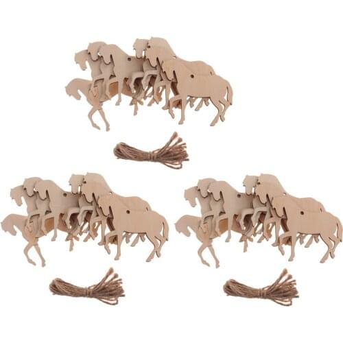 30 Pieces Natural Wood Horse Shape Wooden Pieces Cutouts Ornament Embellishment Tags Hanging Decoration With String