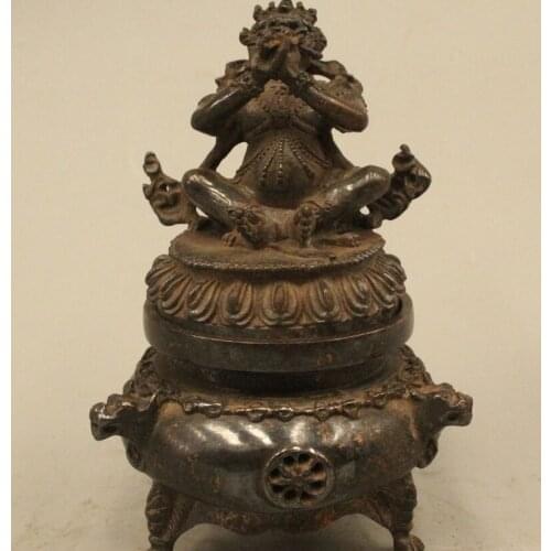 6"Marked China Tibet Buddhism Pure Bronze Mahakala Buddha Incense Burner Censer