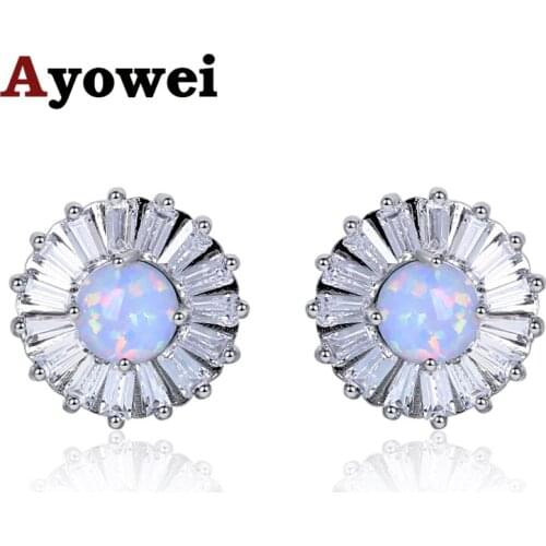 Ayowei Round earring for teen girl white Fire Opal white crystal Silver Fashion Jewelry Stud Earrings OE689A