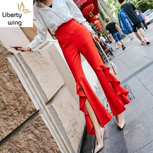 Elegant High Waist Split Ruffles Flare Women New Summer Loose Fashion Black Office Flared Trousers Wide Leg Pants
