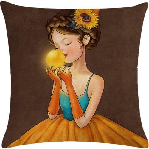 Throw Pillow Case Cartoon Girl Printing Cushion Cover Linen Cotton Living Room Garden Decoration