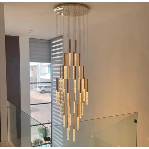 Long Crystal Chandelier Loft Villa Living Room Hanging Lamp Rod Design Long Staircase Lighting Rectangle Kitchen Island Lights