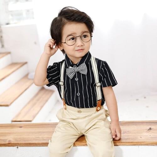 Boys' British Wind Cotton Strap Set 3-piece Set for Babies(Black Striped Shirts + Khaki Pants + Slings)