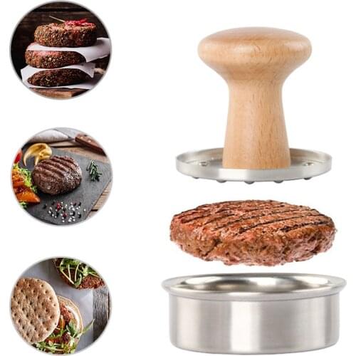 Round Shape Stainless Steel Hamburger Meat Press with Wooden Handle Patty Maker Mold Kitchen Tool Burger Mold for Cutlets