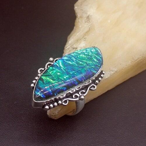 Hermosa Jewelry Solitaire Unique Blue Dichroic Glass Silver Color Wedding Charms Band Ring For Women Men Size 8.5 FQ164