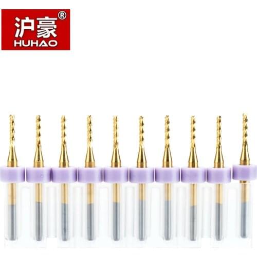 HUHAO 10pcs/lot Shank 3.175mm TiN Coating Corn End Mill Cutter PCB Milling Bits for PVC PCB CNC Router Bits 0.6mm-2.4mm