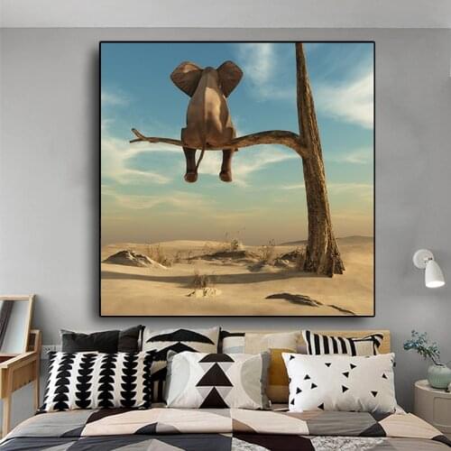 Funny Elephant on Tree Modern Canvas Painting Nordic Posters Prints Scandinavian Cuadros Wall Art Picture for Living Room Decor