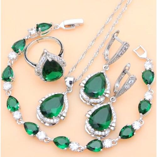 Bohemia Silver 925 Jewelry Sets Green Emerald Gemstone Earrings Rings Fine Accessories Wdding Necklace Set Dropshipping