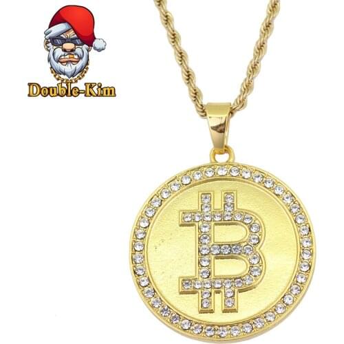 Round Bitcoin Men Pendant Necklace Man Hiphop Rock Street Culture Zinc Alloy Inlaid Zircon Chain Necklace Fashion Man Jewelry