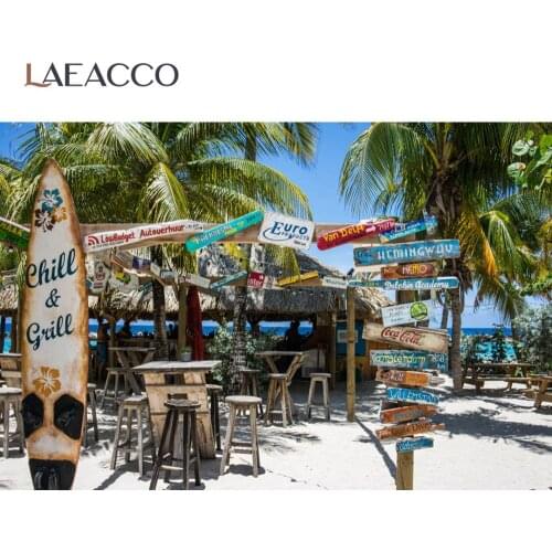 Laeacco Summer Tropical Palms Tree Resort Of Place Wood Sign Board Cafe Surfboard Scenic Photo Background Photographic Backdrops