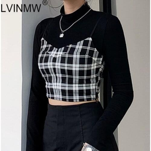 LVINMW Sexy Half Turtleneck Long Sleeve Black Crop Top 2020 Autumn Women tshirts Slim Solid Simple Tops And Retro Plaid Camis