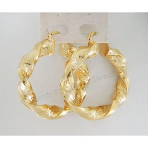 Min order 10$ mix / NEW GREAT TWIST - YELLOW GOLD GP OVERLAY ROUND BIG HOOP DIAMETER 40MM 1.63" EARRING