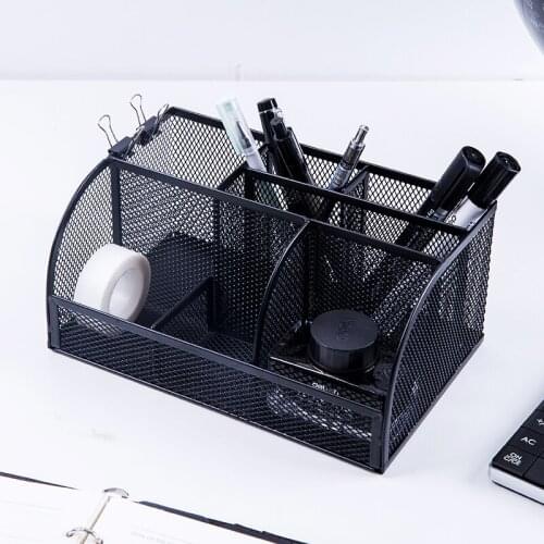 Deli Multi-function 7 Grid Combination Pencil Holder Metal Mesh Desktop Storage Box Pen Stand Office School Supplies Black 8903