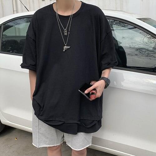 Pure color casual short-sleeved T-shirt mens ins Hong Kong wind break hole tide brand hip-hop summer super loose men and women