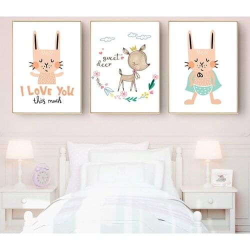 Woodland Bunny Deer Baby Nursery Wall Art Pink Canvas Posters and Prints Cartoon Painting Nordic Kids Children Bedroom Decor