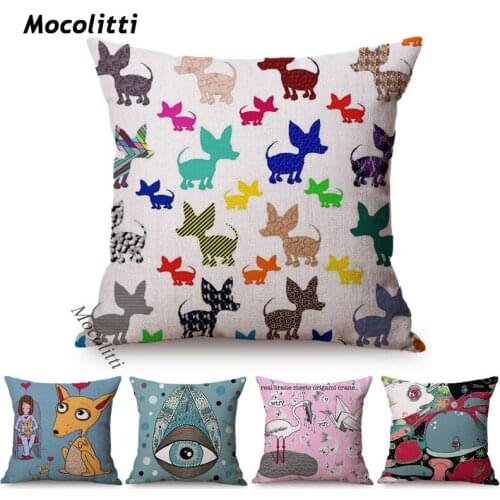 Colorful Painting Cartoon Animal Chihuahuas Dog Crane Printing Cushion Cover Sad Bunny Sofa Decorative Cotton Linen Pillow Case