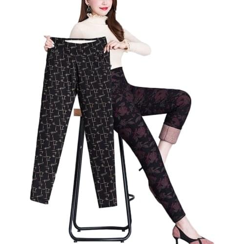 Middle-aged New High Waist Stretch Print Winter Plus Velvet Warm Cotton Pants Women Clothing Skinny Pants Female Casual Pants