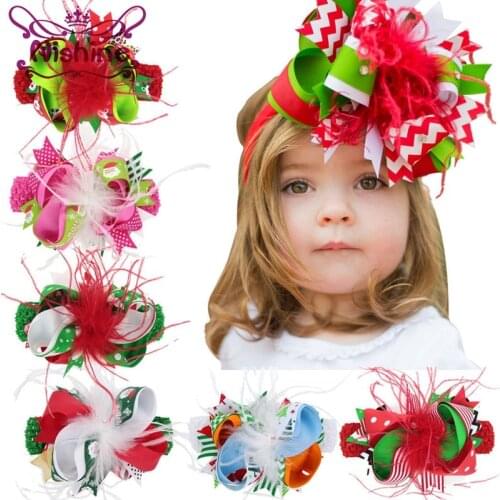 Nishine New Girls Flower Headband Elastic Crochet Hairband Children Feather Ribbon Hair Bows Clips Christmas Hair Accessories
