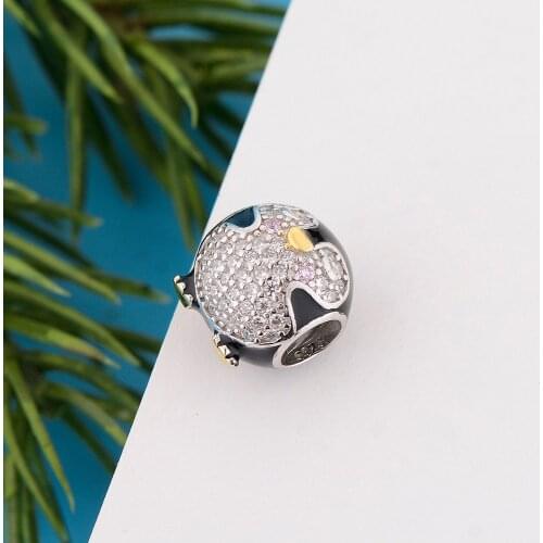 Fit Original Pandora Charm Bracelet 925 Sterling Silver Black Enamel Baby Penguin Mix Zirconia Bead For Making Berloque 2021 New