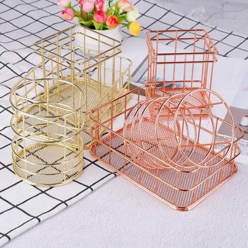 Hollow Out Dressing Table Makeup Cosmetic Organizer Box Storage Cup Rose Gold Iron Art Nordic Pen Pencil Ruler Basket Container