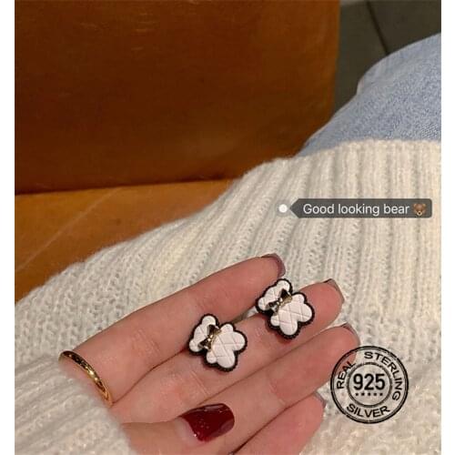 S925 Sterling Silver Needle Earrings For Women Cute Bear Black Autumn Winter Fashion Lady Jewelry Design INEFFA Anti-Allergic