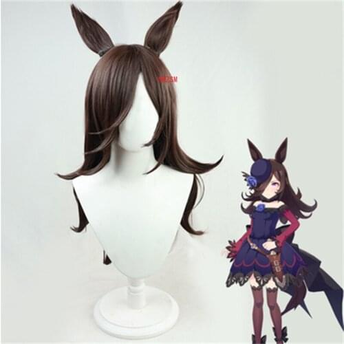 Pretty Derby Rice Shower Cosplay Wig with Ears Heat Resistant Synthetic Long Brown Wig Hair Hallowen Party+ Free Wig Cap