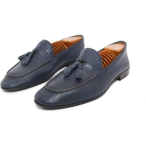 SHENBINs Handmade Dark Blue Tassel Loafers with Genuine Leather Soles, Premium Floater Calf Leather, Mens Casual Work Style