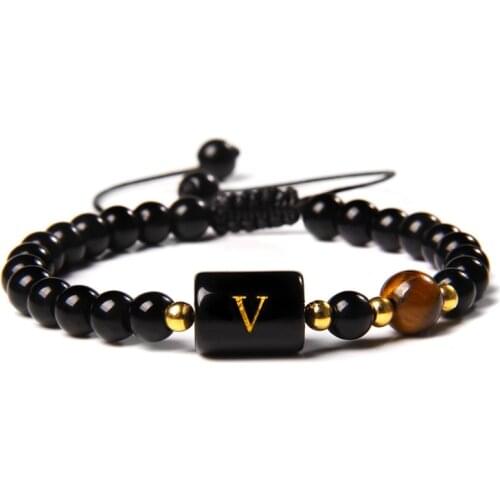 Vintage Weave Bracelets Black Agat 26 Letters Tube Charm Bracelet Trend Men Natural Mineral Tiger Eye Stone Beads Pulsera Women