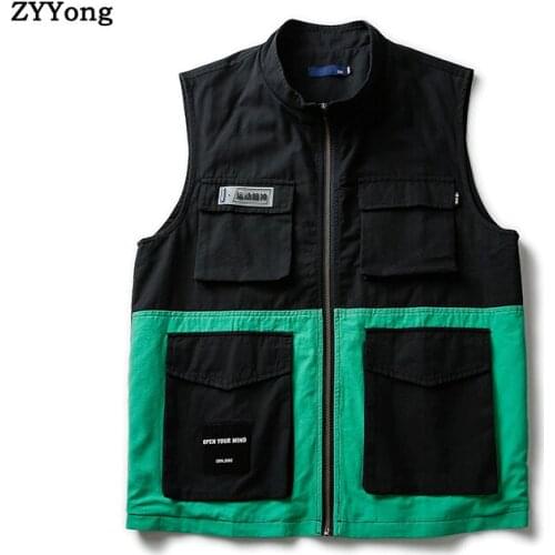 Vintage Multi-pocket Mens Vest Coat Solid Cotton Sleeveless Jacket Men Fashion Street wear Hip Hop Casual Waistcoat Male